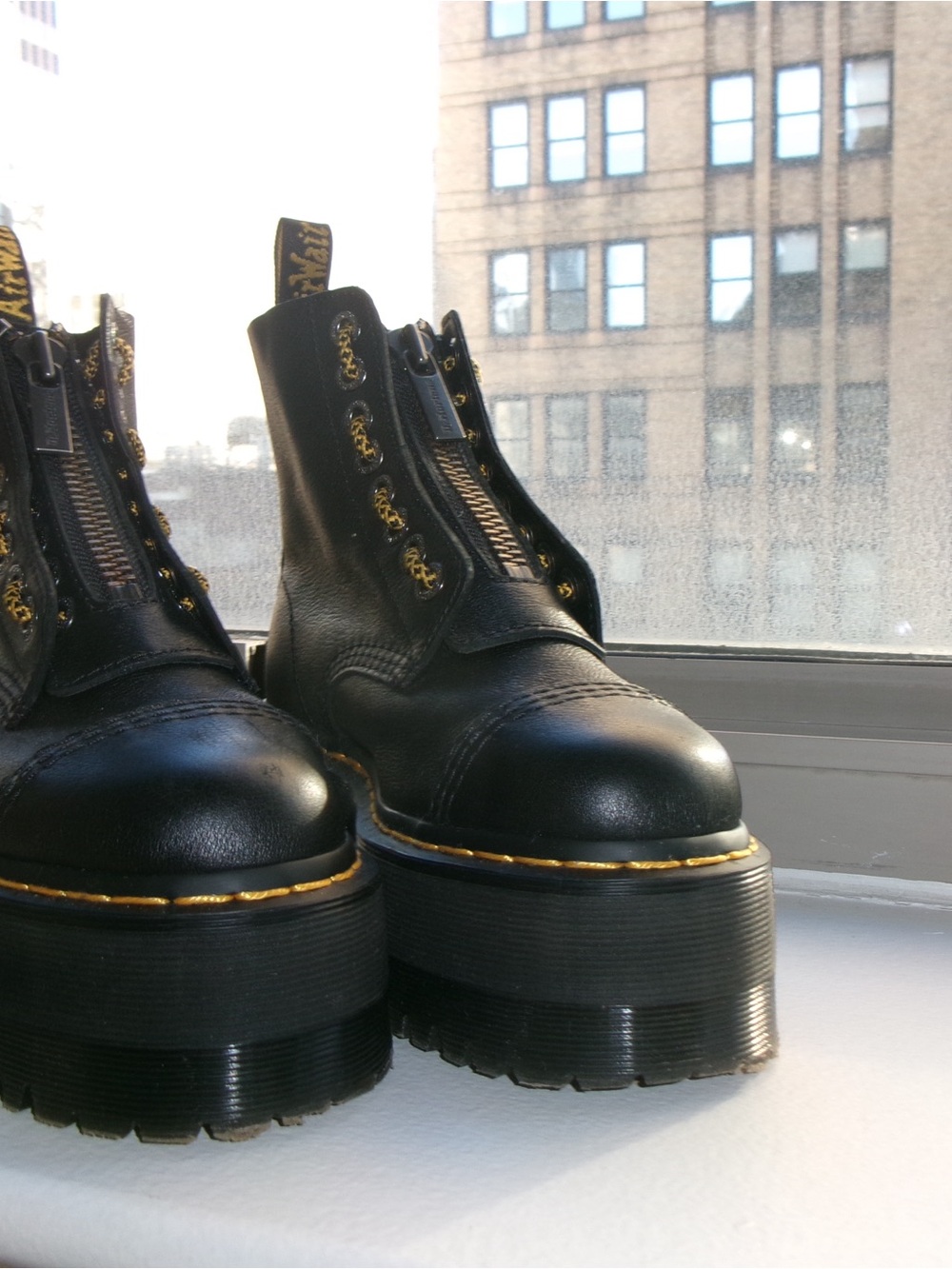Dr. Martens Sinclair Black Leather Platform Ankle Boots with Yellow Stitching - Picture 7 of 10